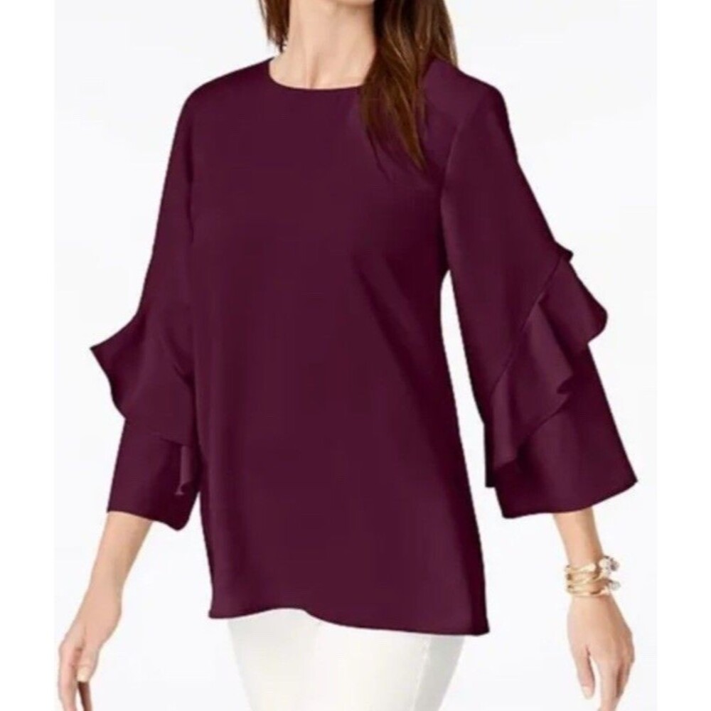 Chico's Blouse Size 2 Large Purple Chiffon Ruffle Sleeve Office Career